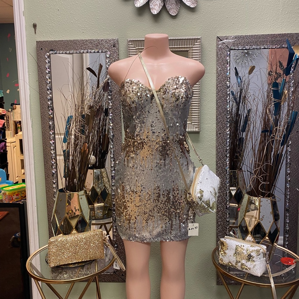 Silver and white sequence mini dress